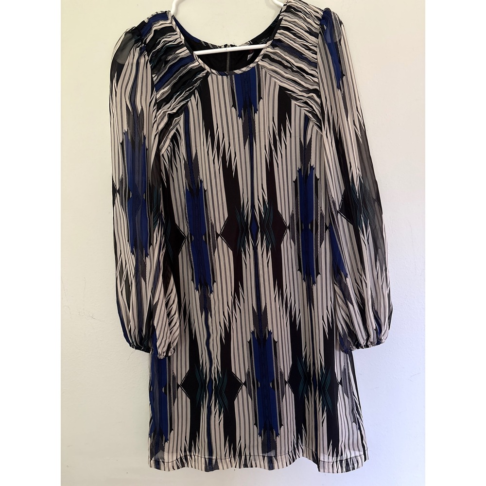 Fire Los Angeles Shift Dress Womens Medium Blue Black Geometric Long Sleeve Exc